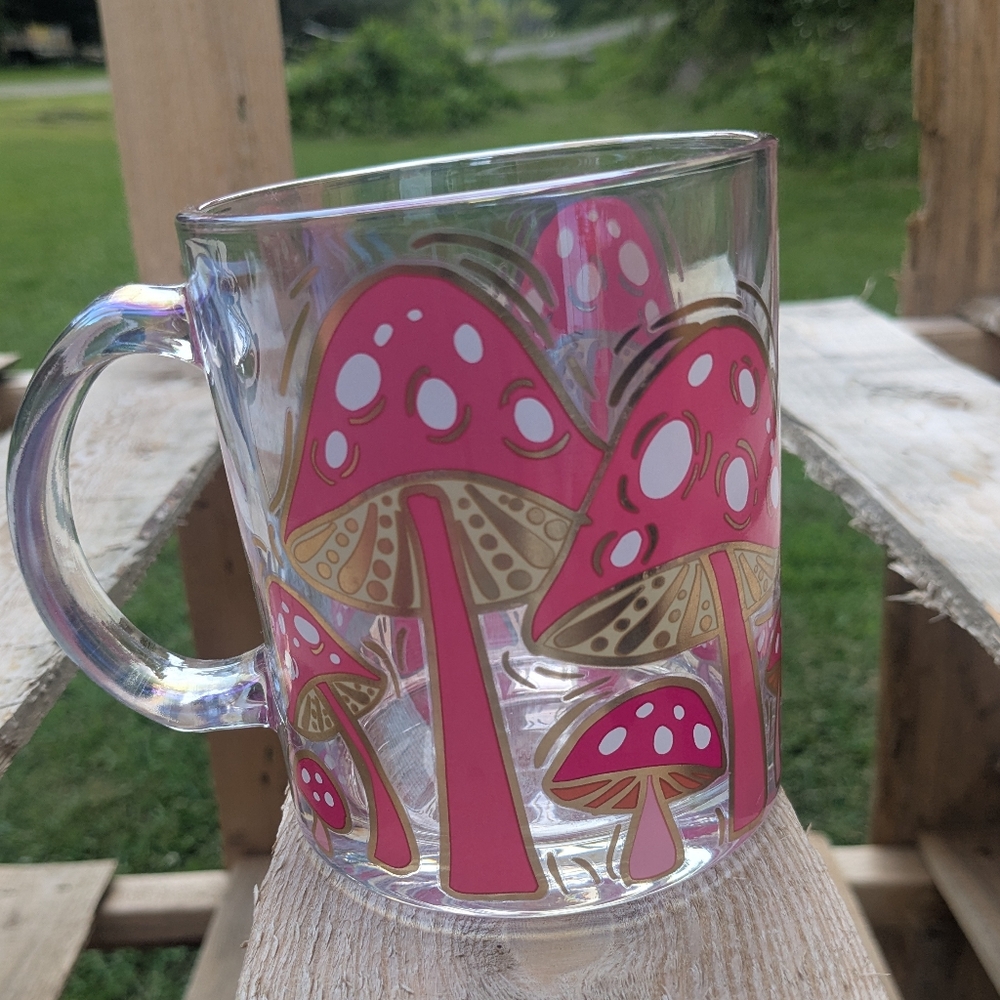 Sheffield Home MUSHROOMS Pink Mushroom DESIGN LARGE COFFEE MUG Glass Mug 16 ozs